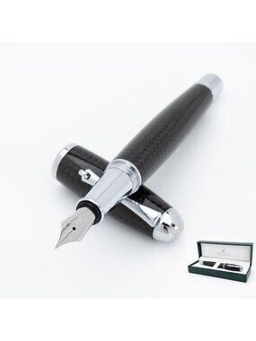 Luxury Carbon Fiber Fountain Pen with Chrome Trim - Extra Fine Nib, Elegant